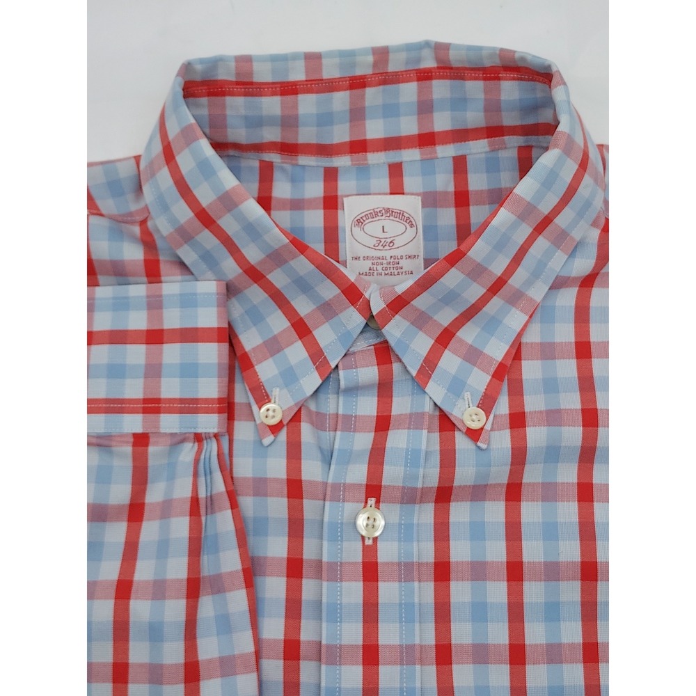 Brooks Brothers 346 Mens L Red Blue Plaid‎ Button Down Long Sleeve Shirt
